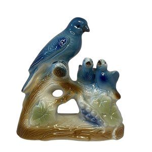 Vtg MCM - INARCO? - Ceramic Bluebird Family Chicks Figurine Branch Nest Birds